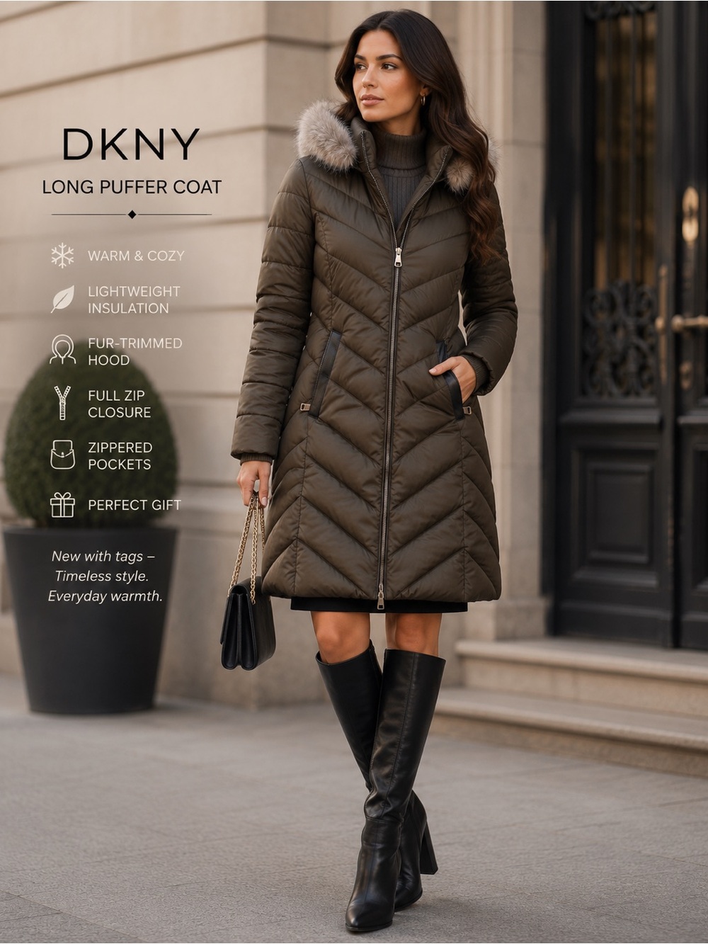 DKNY Olive Quilted Puffer Coat with Faux Fur Trim Hood